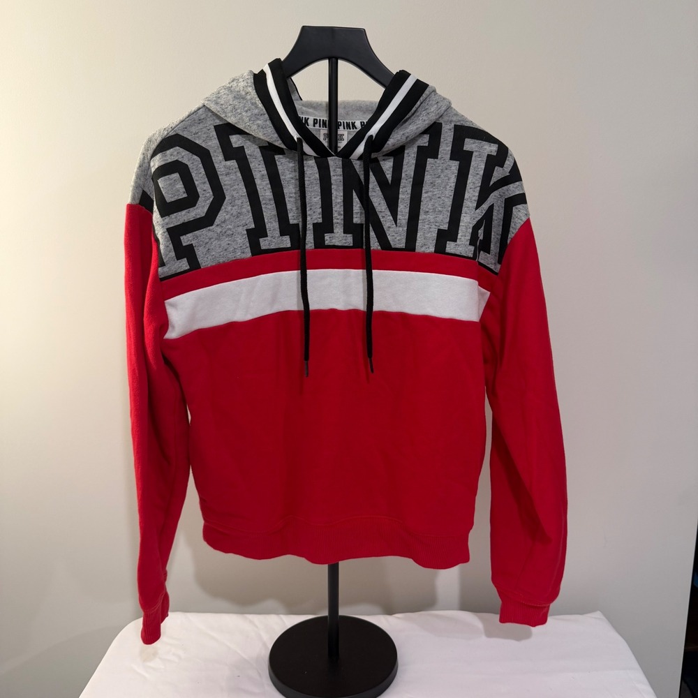 Victorias Secret PINK Pullover Hoodie Red Grey Colorblock Logo Sweatshirt Small